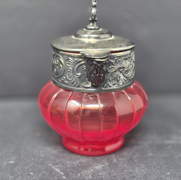 Antique Pigeon Blood Red Glass And Pewter? Creamer - Picture 4 of 8